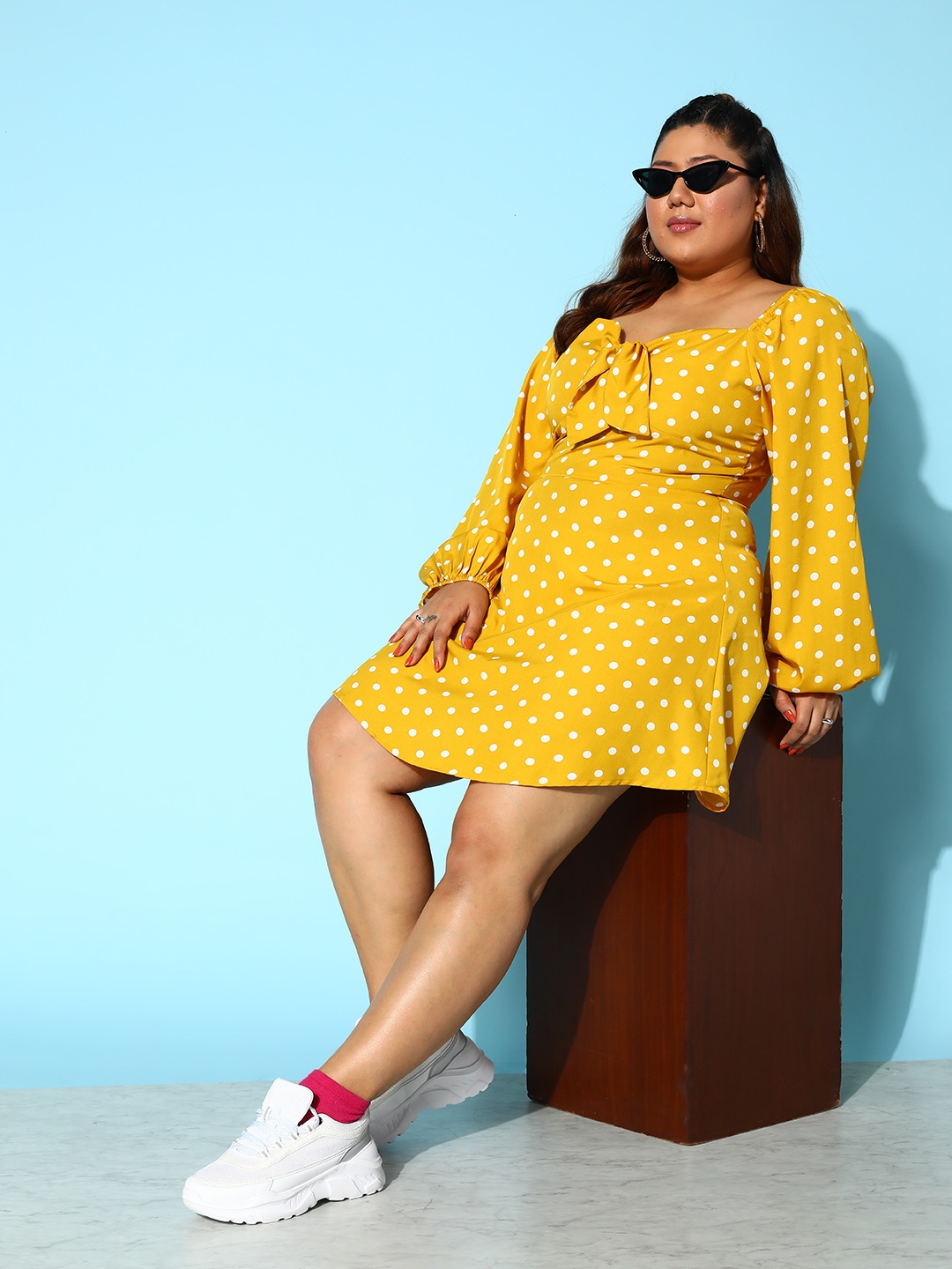 

Berrylush Curve Plus Size Yellow Crepe Polka Dots Printed A-Line Dress