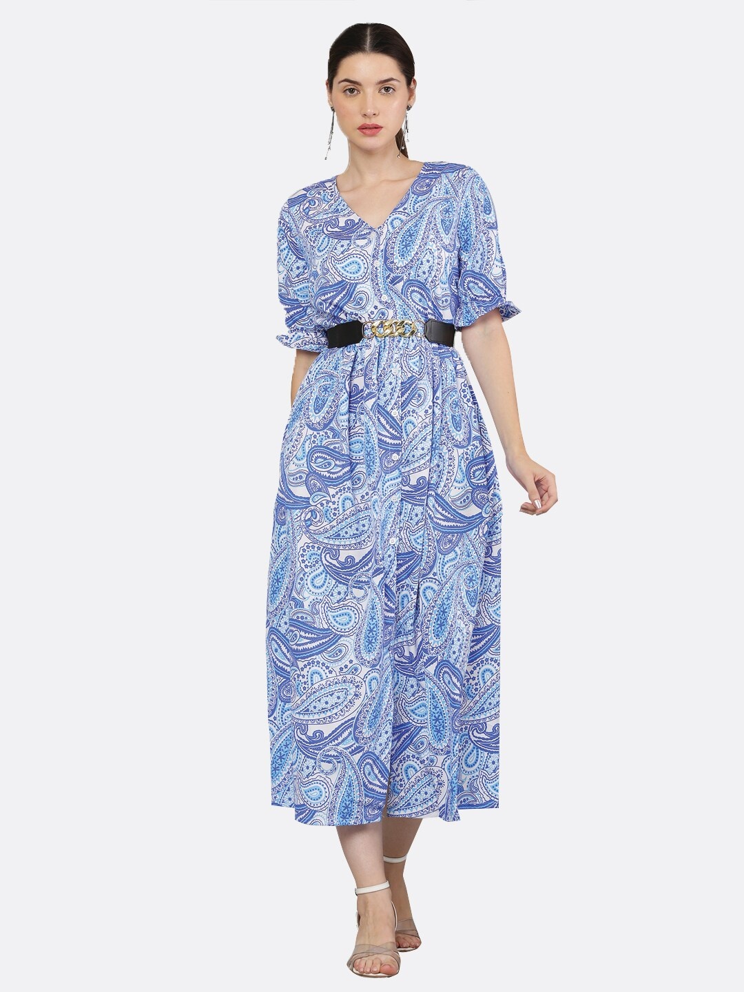 

SQew Blue Ethnic Motifs Printed A-Line Midi Dress