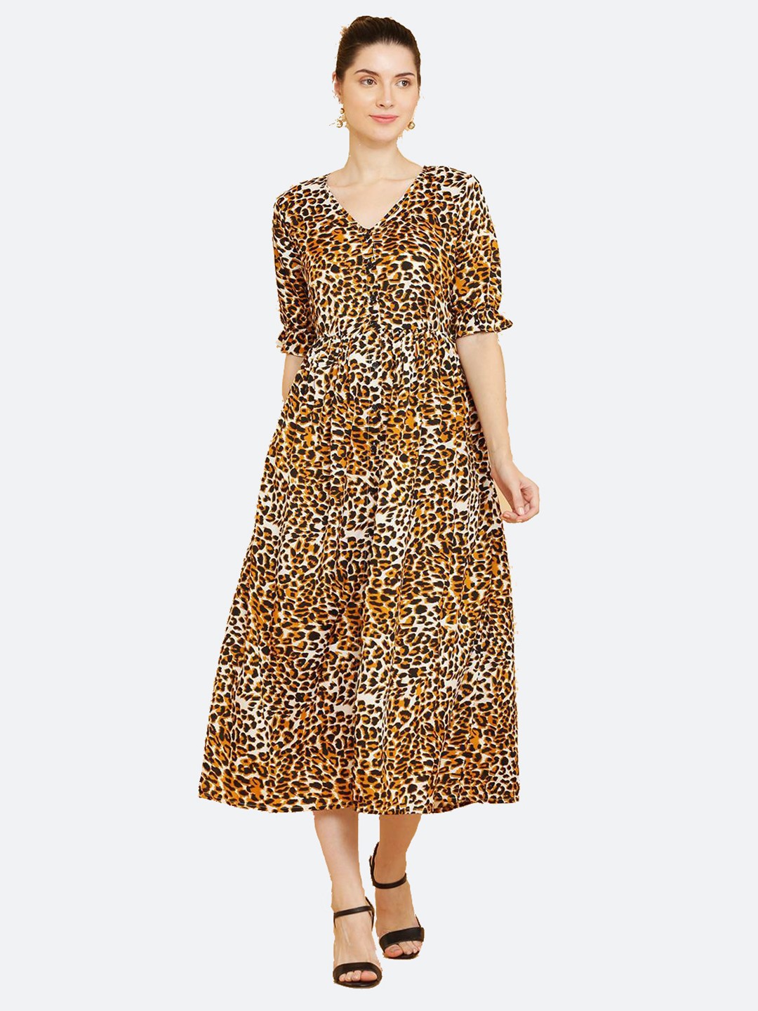 

SQew Brown & Black Animal Printed Midi Dress