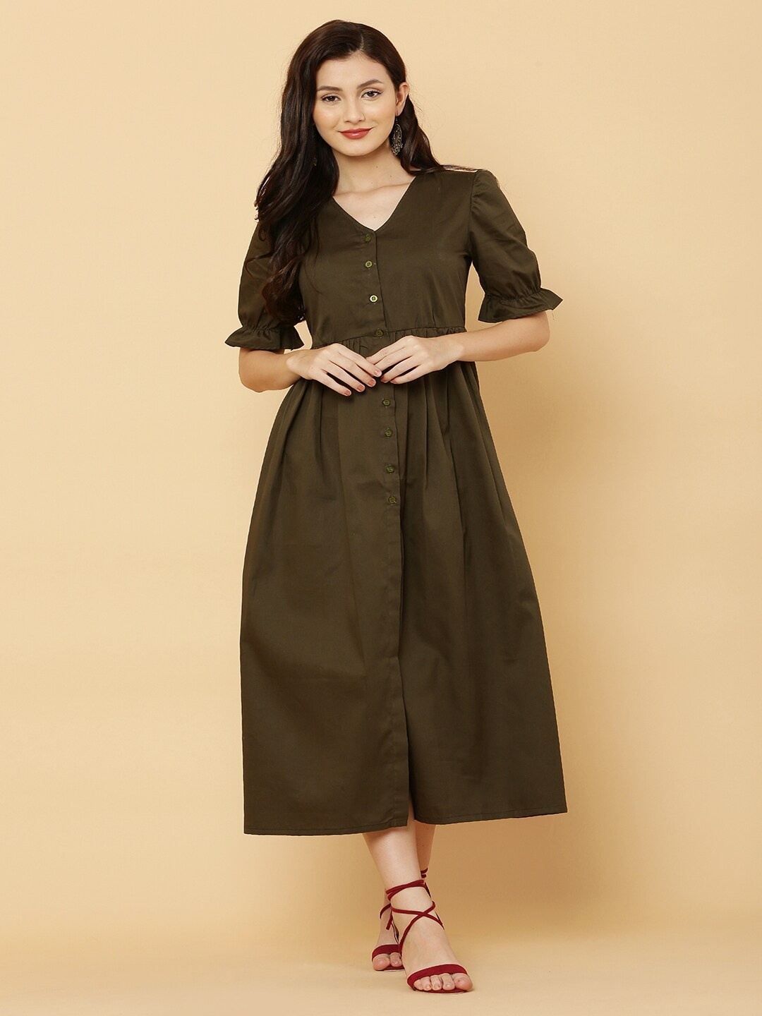 

SQew Women Olive Green Solid A-Line Midi Dress
