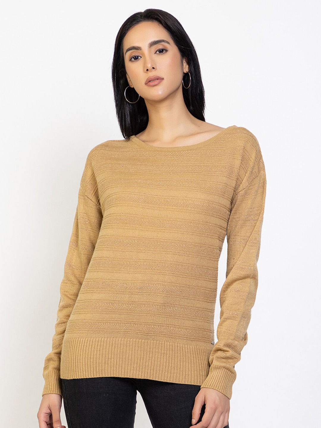 

Species Women Beige Self Design Acrylic Round Neck Pullover