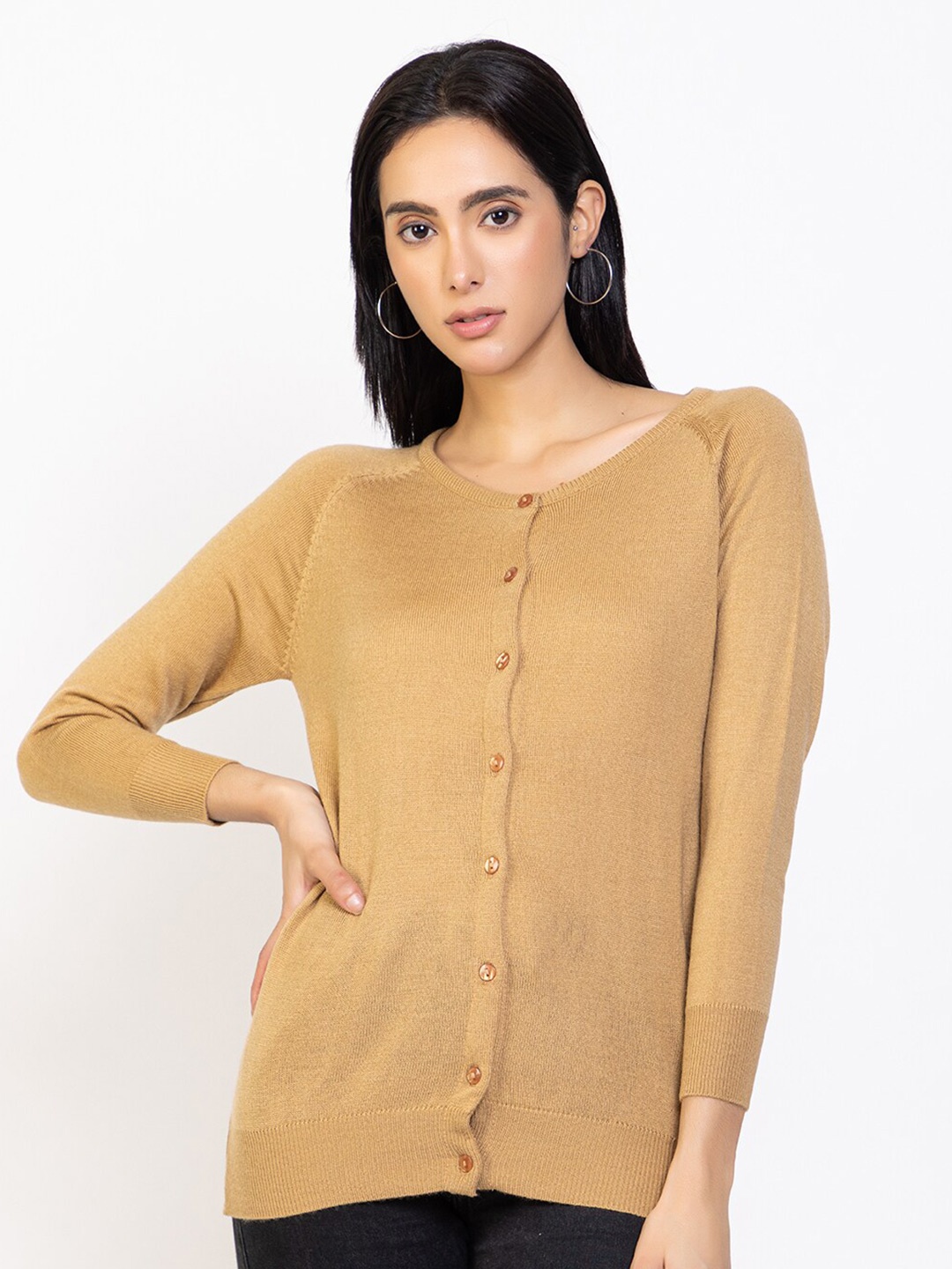 

Species Women Beige Solid Acrylic Round Neck Cardigan