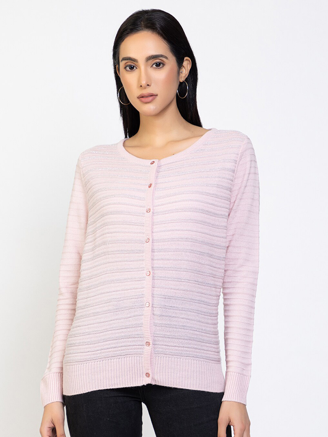 

Species Women Pink Ribbed Acrylic Round Neck Cardigan