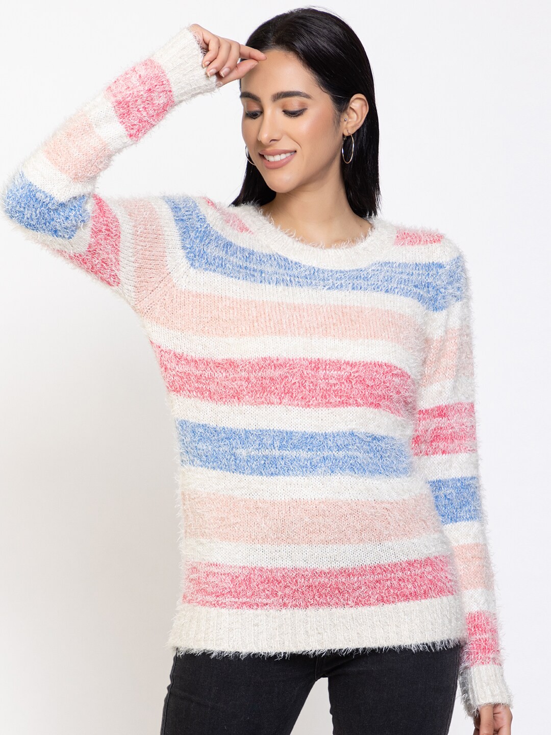 

Species Women Blue & Pink Cable Knit Striped Pullover