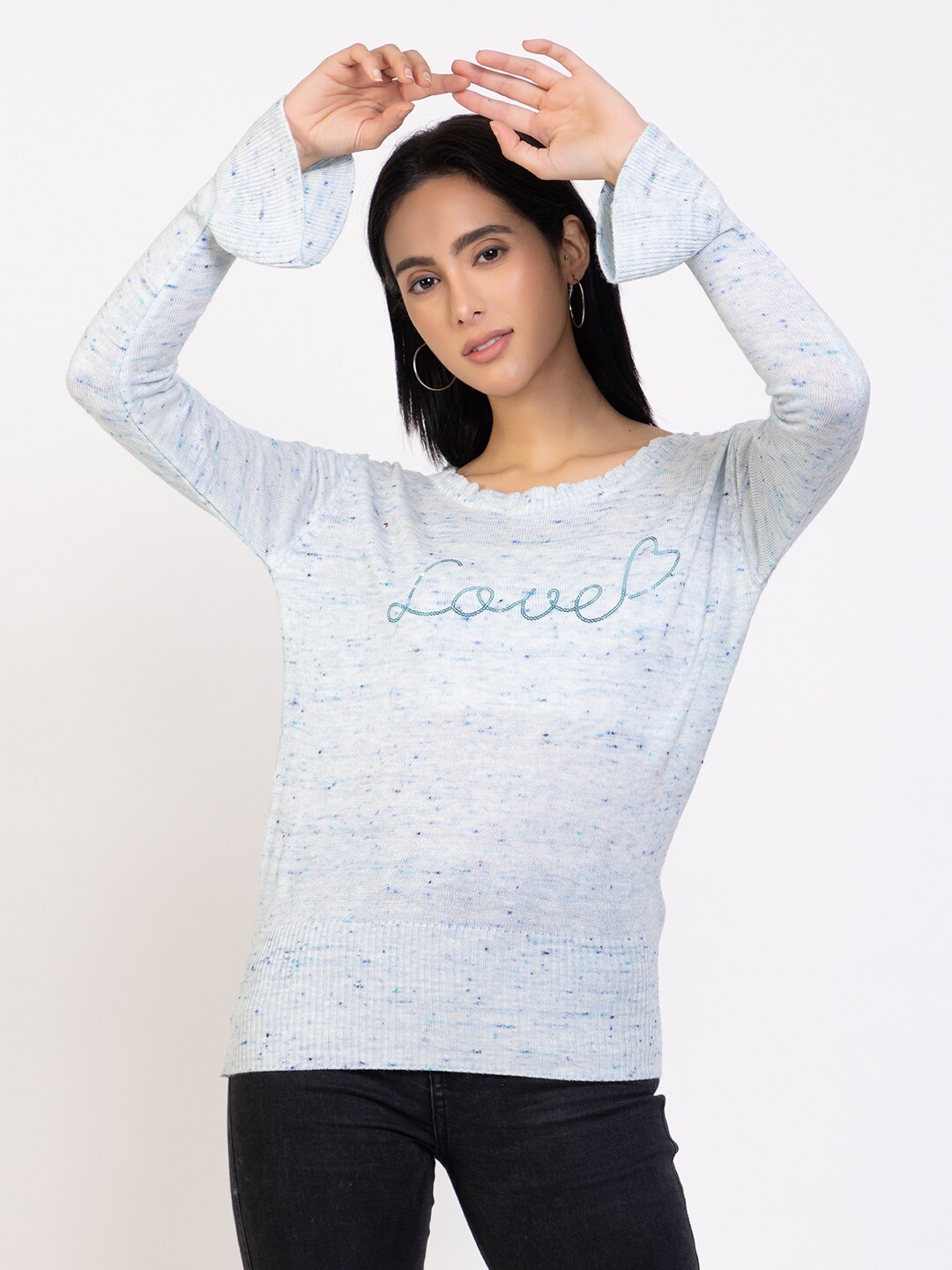 

Species Women Blue & Off White Printed Pullover with Embellished Detail