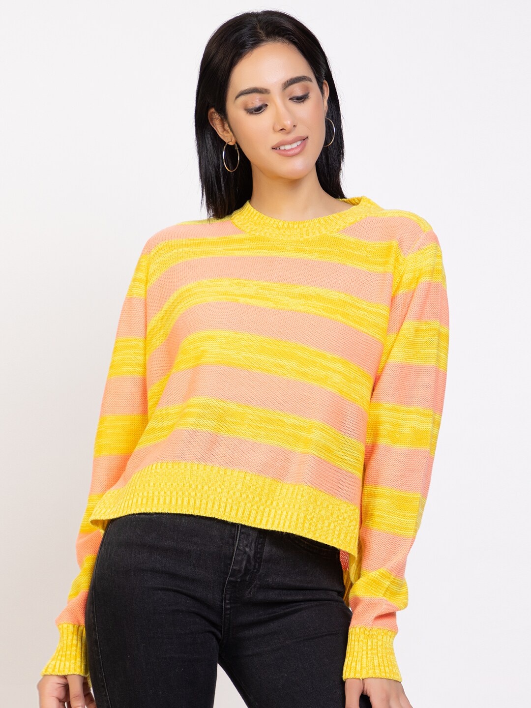 

Species Women Yellow & Peach-Coloured Striped Pullover