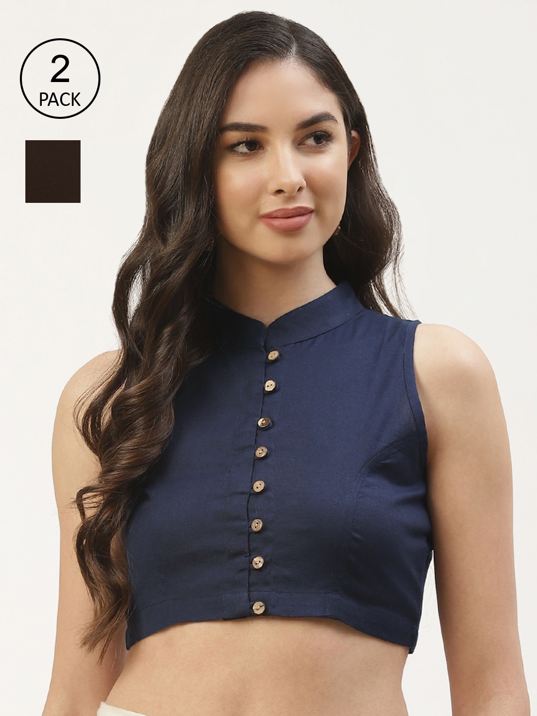 

Molcha Pack Of 2 Brown & Navy Blue Solid Cotton Saree Blouse