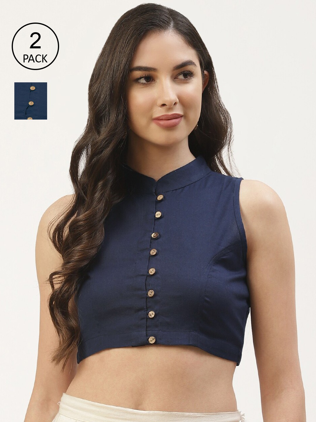 

Molcha Women Pack Of 2 Teal & Navy Blue Solid Cotton Saree Blouse