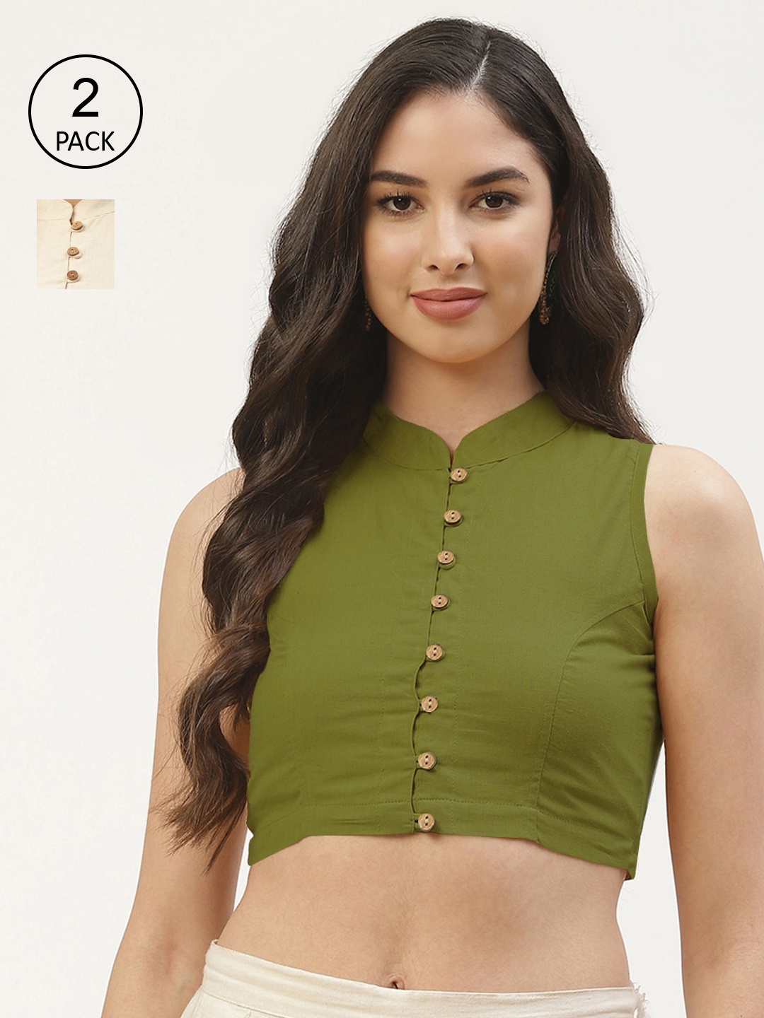 

Molcha Pack Of 2 Olive & Off White Solid Cotton Saree Blouse