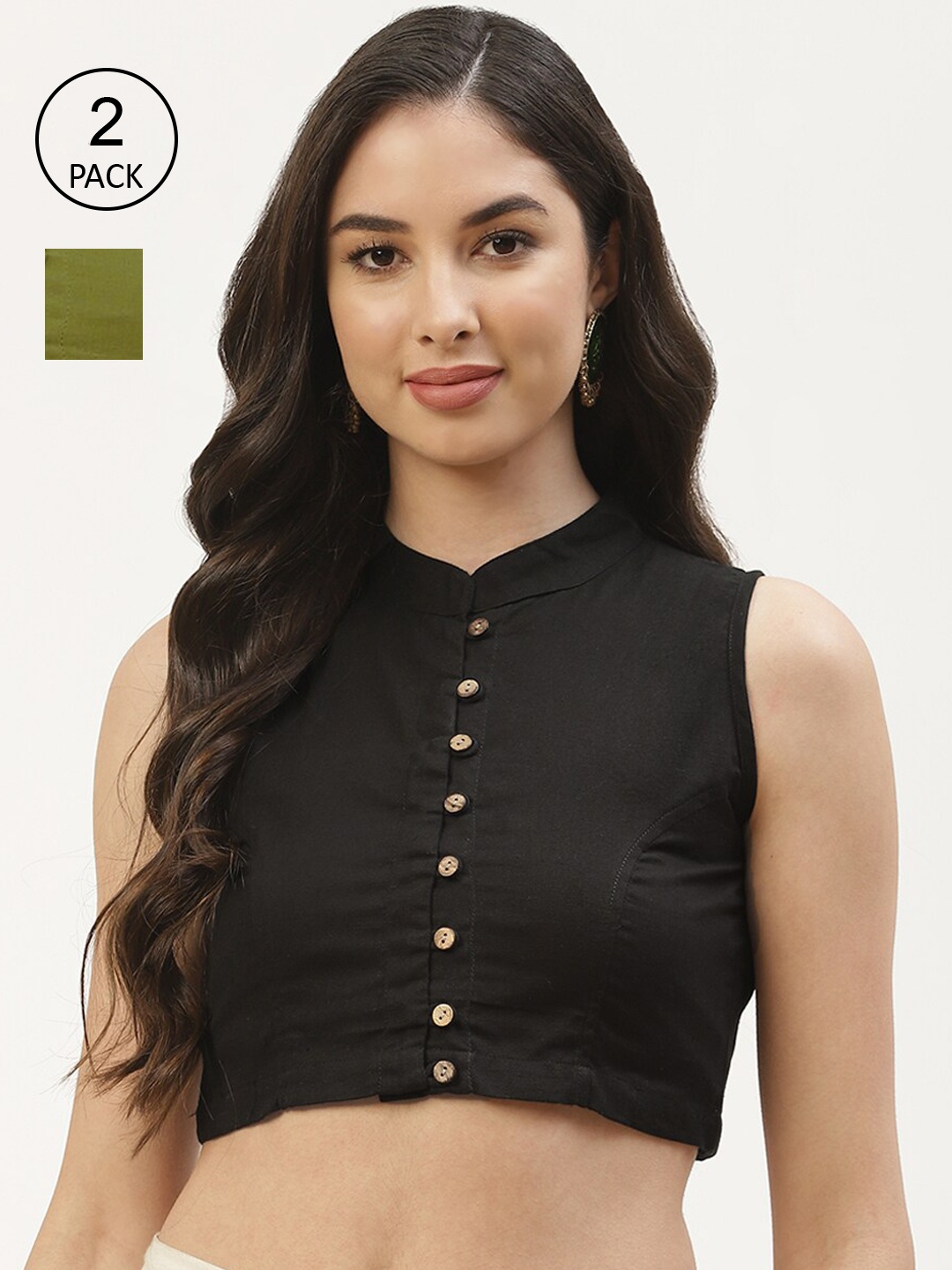 

Molcha Pack Of 2 Olive & Black Solid Cotton Saree Blouse