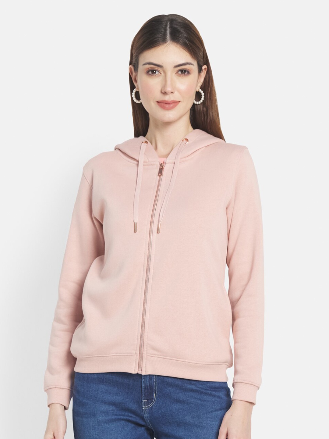 

METTLE Women Pink Solid Hooded Sweatshirt