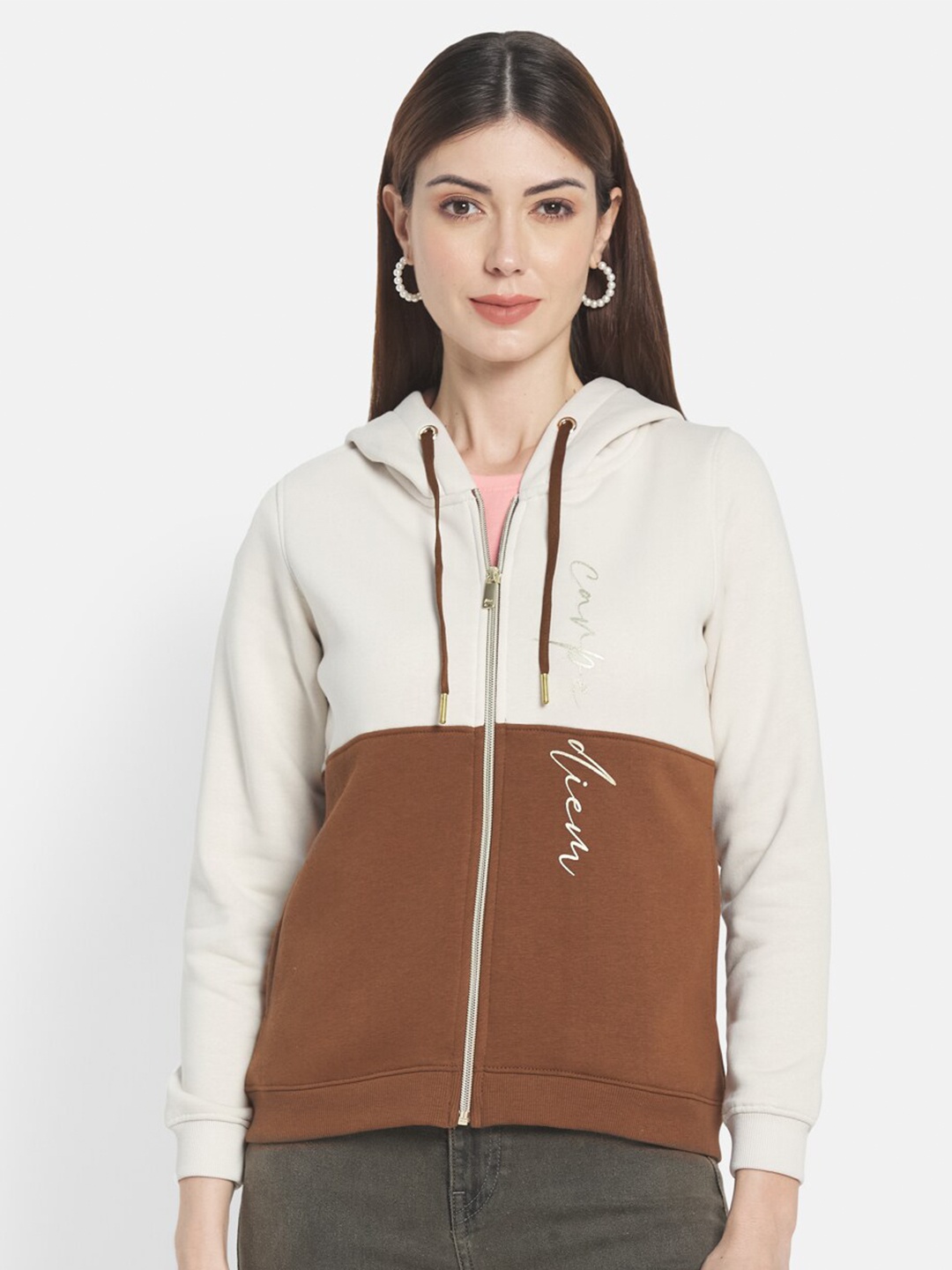 

METTLE Women Brown Colourblocked Hooded Sweatshirt