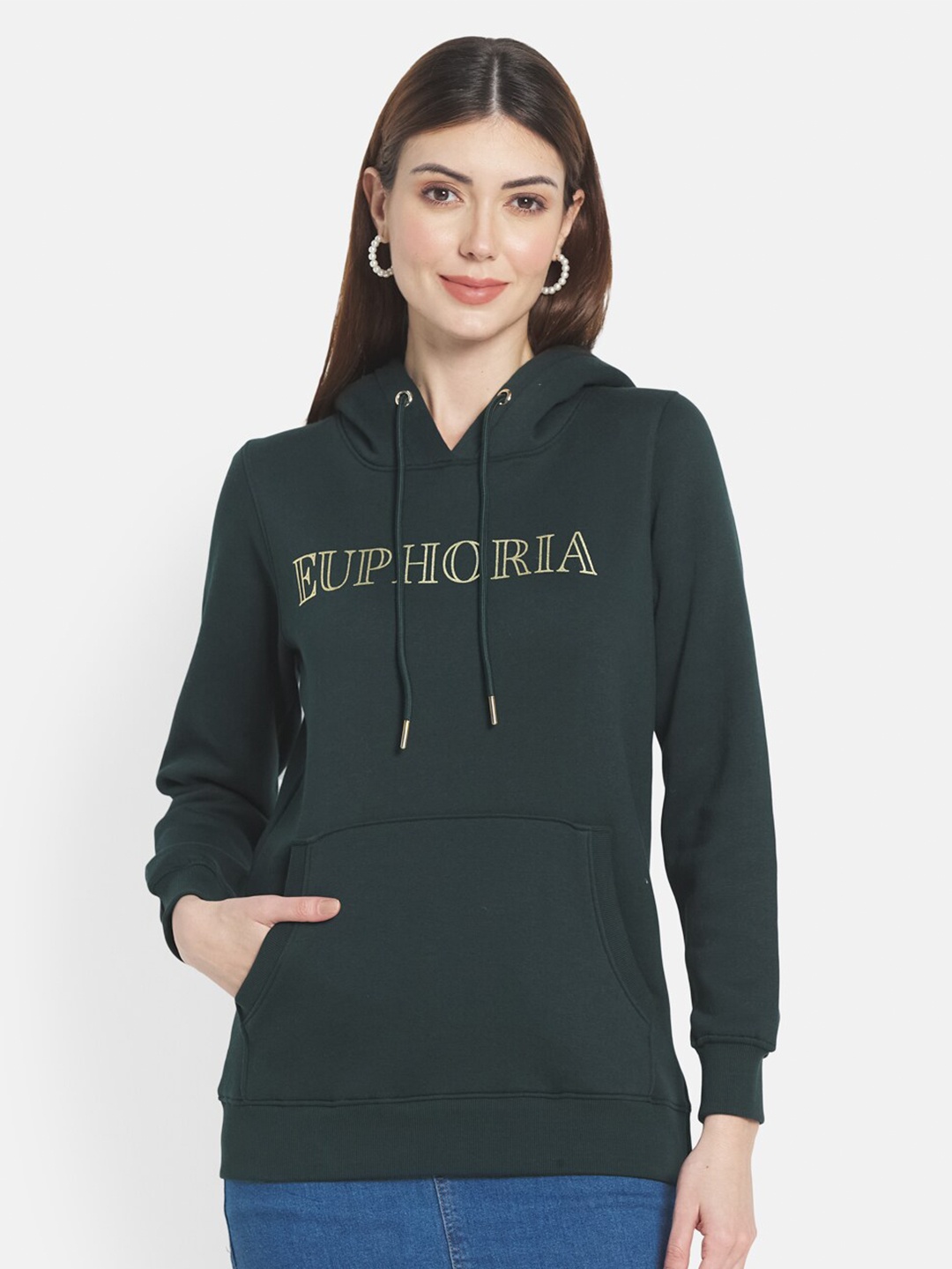 

METTLE Women Green Printed Hooded Sweatshirt