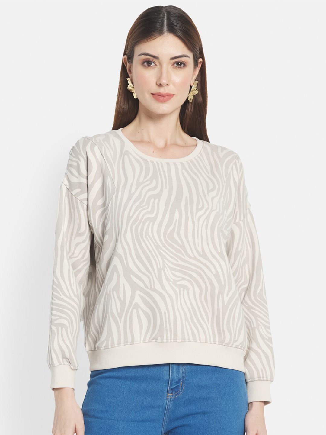 

METTLE Women Cream-Coloured Geometric Printed Sweatshirt