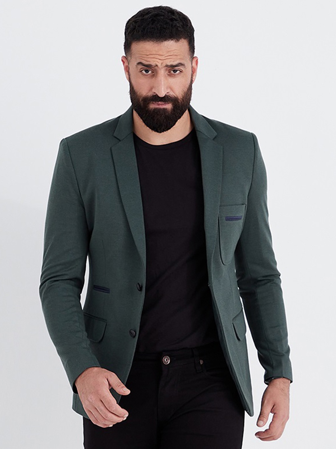 

MR BUTTON Men Green Solid Slim-Fit Single-Breasted Blazer
