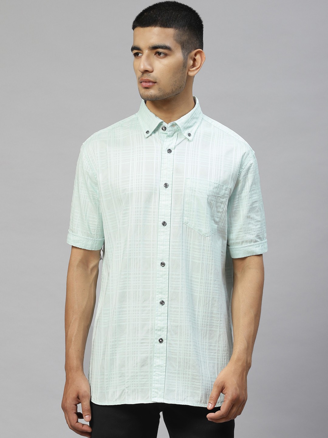 Marks & Spencer Men Mint Green Tartan Check Cotton Casual Shirt