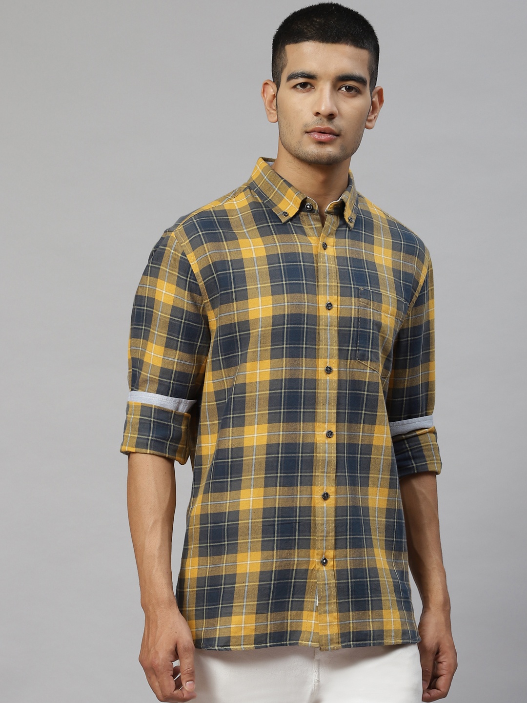 

Marks & Spencer Men Navy Blue & Yellow Tartan Check Cotton Casual Shirt