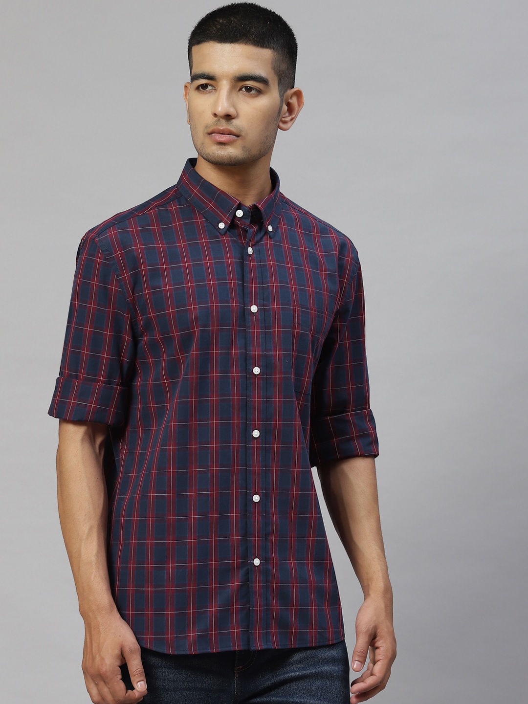 

Marks & Spencer Men Navy Blue & Red Tartan Check Cotton Casual Shirt