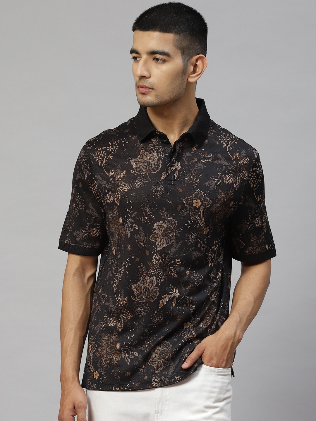 

Marks & Spencer Men Black & Beige Pure Cotton Floral Printed Polo Collar T-shirt
