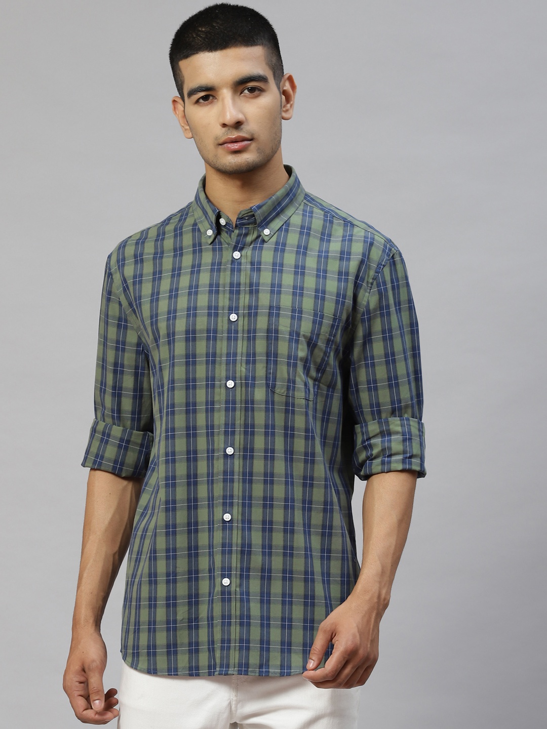 

Marks & Spencer Men Olive Green & Navy Blue Pure Cotton Tartan Checks Casual Shirt