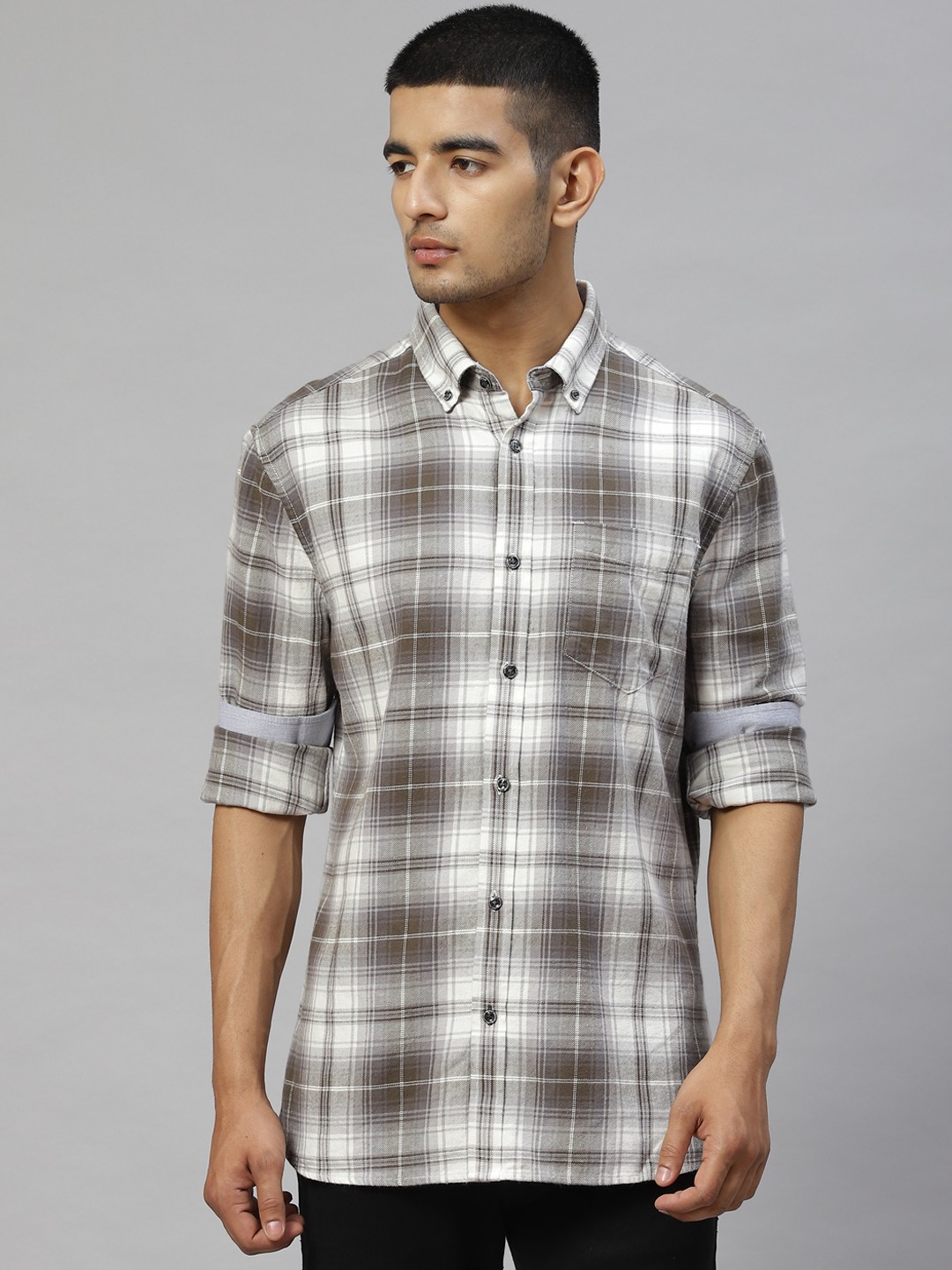 

Marks & Spencer Men Grey & White Pure Cotton Tartan Checks Casual Shirt