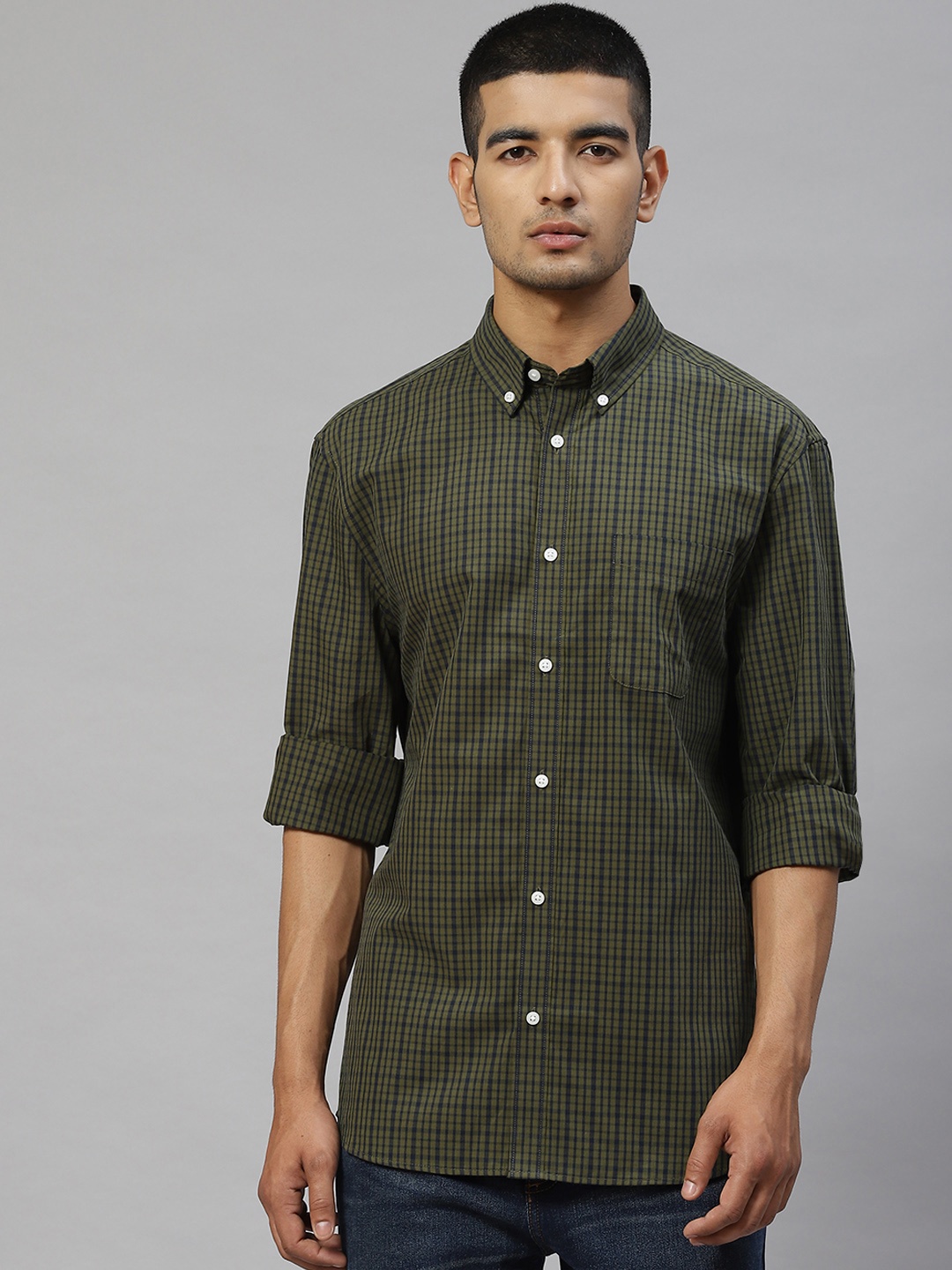 

Marks & Spencer Men Olive Green Pure Cotton Micro Checks Casual Shirt