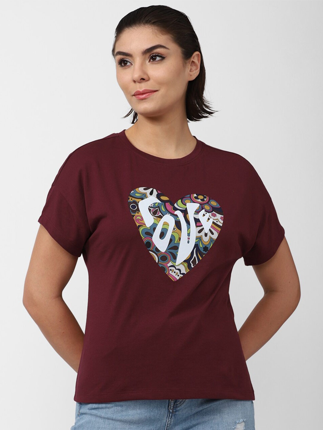 

FOREVER 21 Women Maroon & White Printed Extended Sleeves Top
