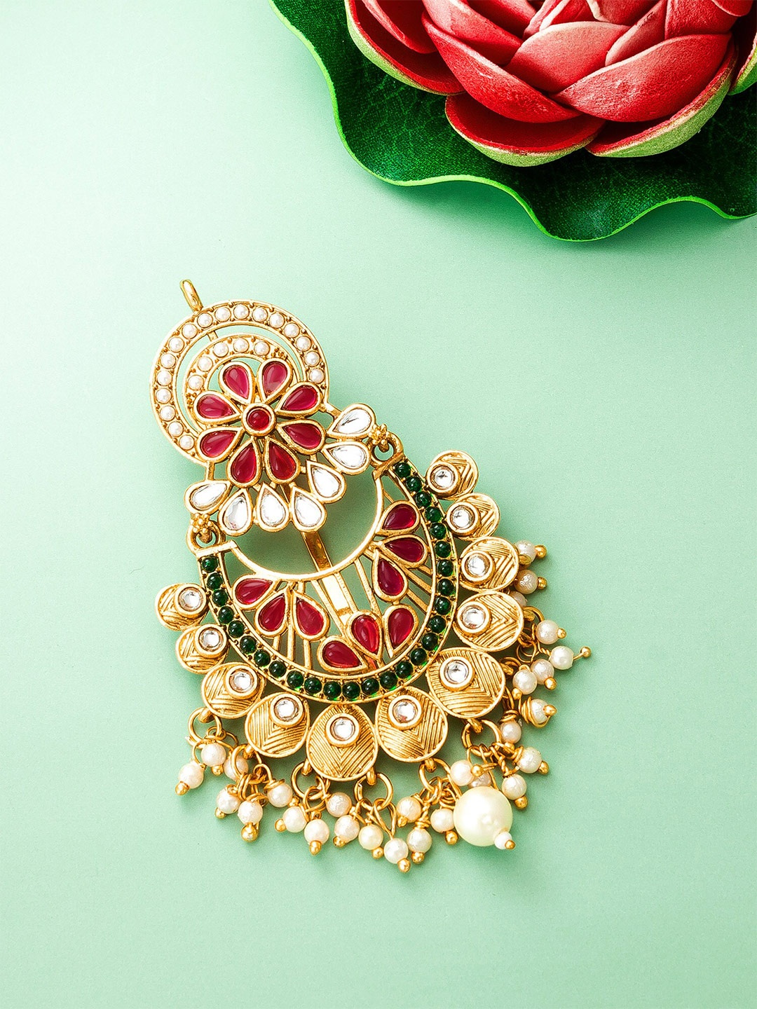 

aadita Women Gold-Toned & Green Embellished Hair Pin Accessory