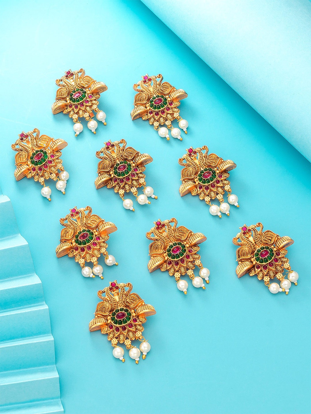 

aadita Women Set Of 9 Gold-Toned & Pink Embellished Hair Pin Accessory