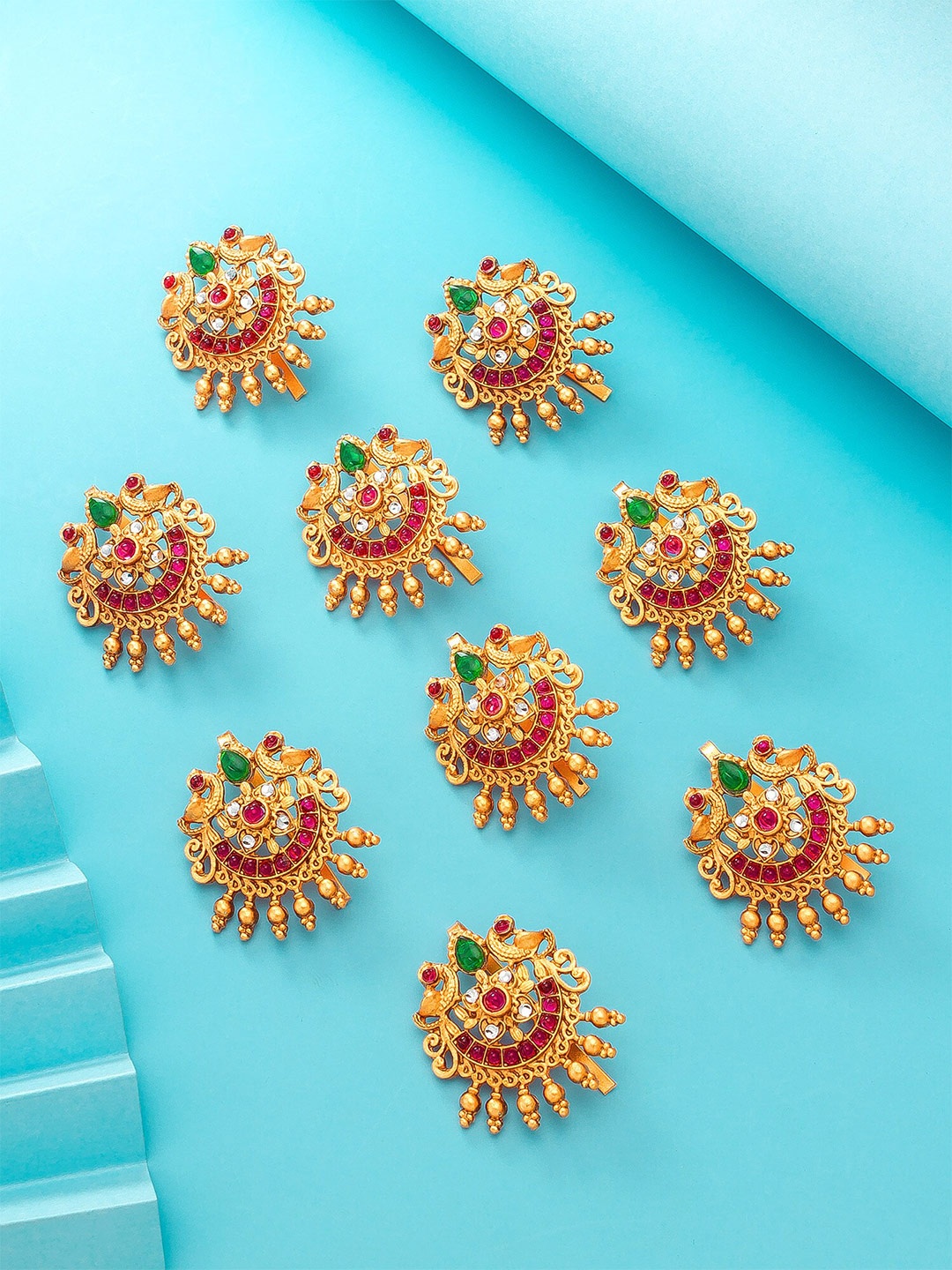 

aadita Women Set Of 9 Gold-Toned & Red Hair Accessory