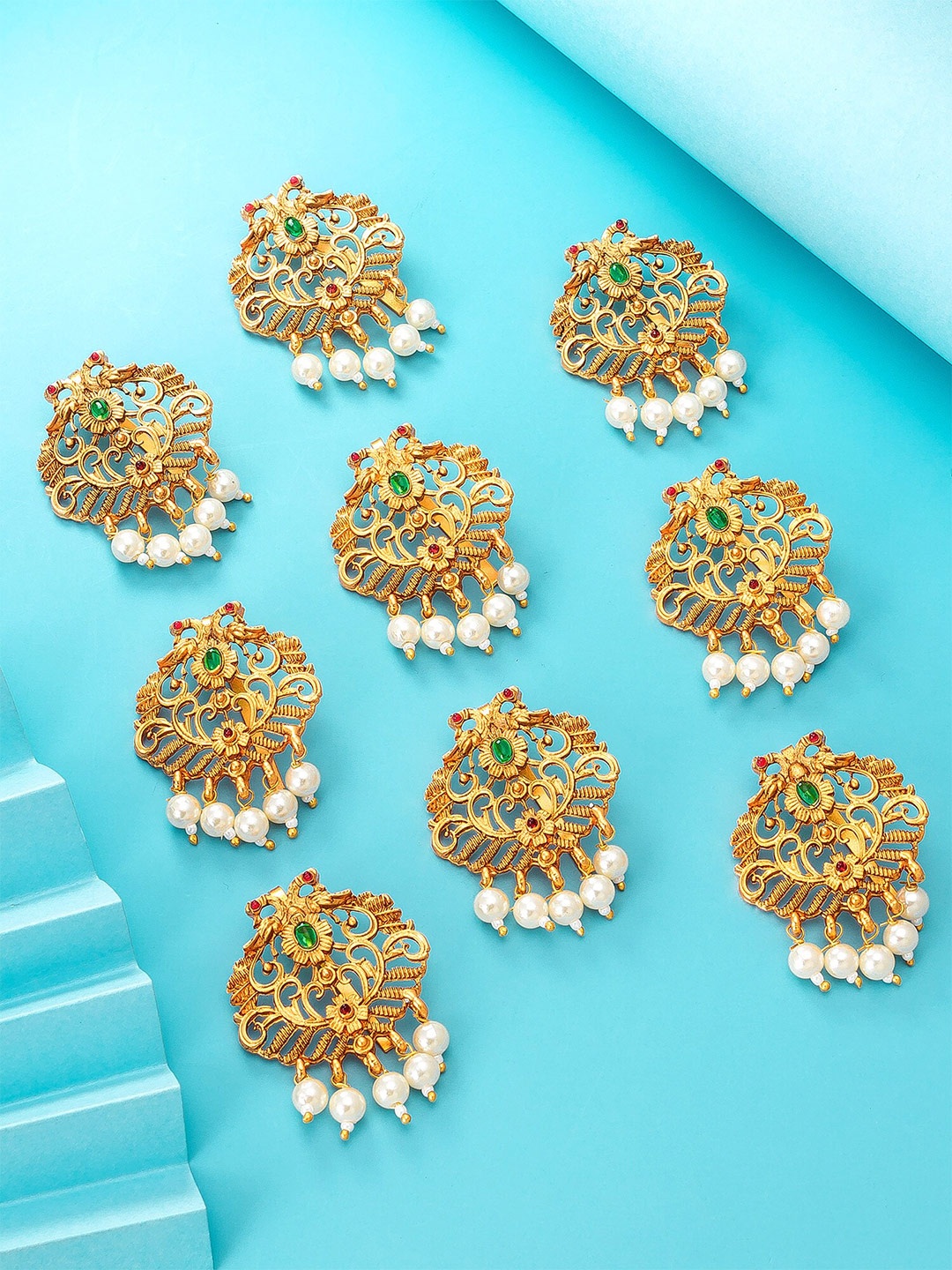 

aadita Women Set Of 9 Gold-Toned & Off White Hair Accessory