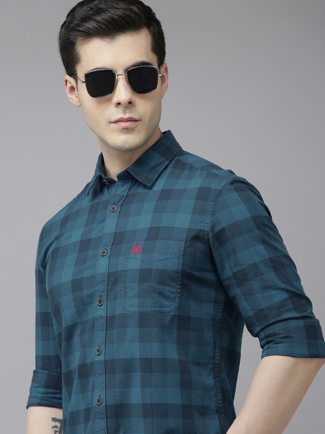 

U S Polo Assn Denim Co Men Blue Slim Fit Tartan Checks Pure Cotton Casual Shirt