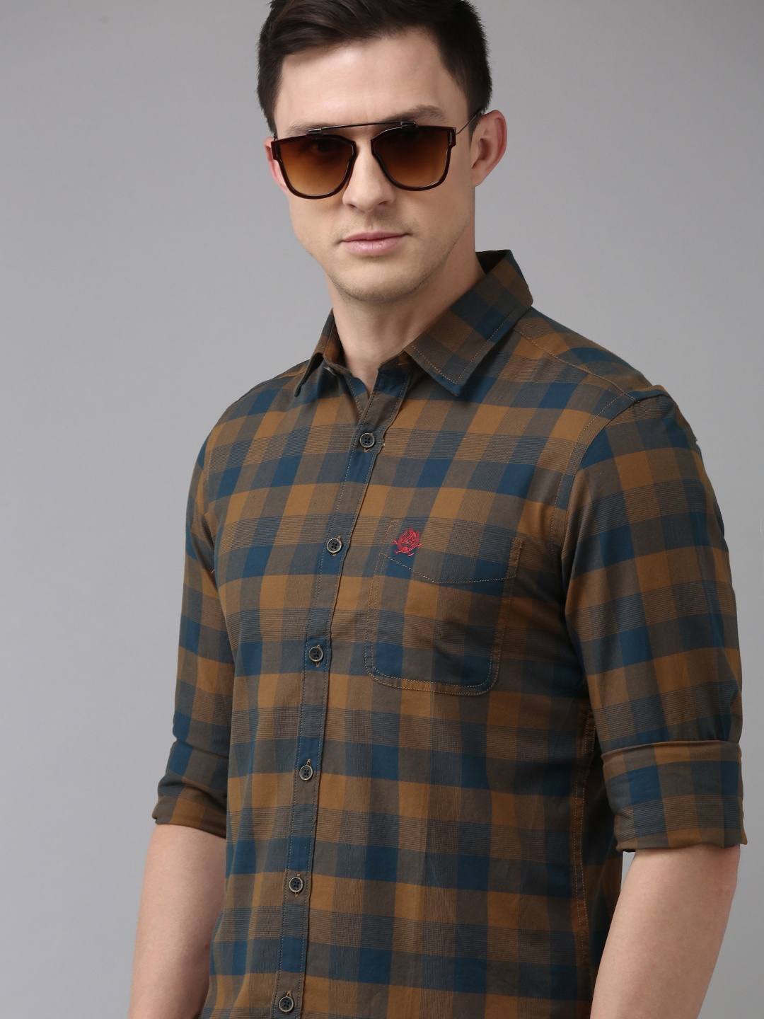 

U S Polo Assn Denim Co Men Blue And Rust Brown Slim Fit Checked Pure Cotton Casual Shirt
