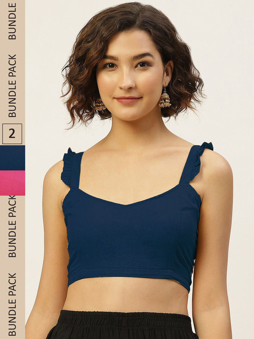 

Molcha Pack Of 2 Pink & Teal Solid Cotton Saree Blouse