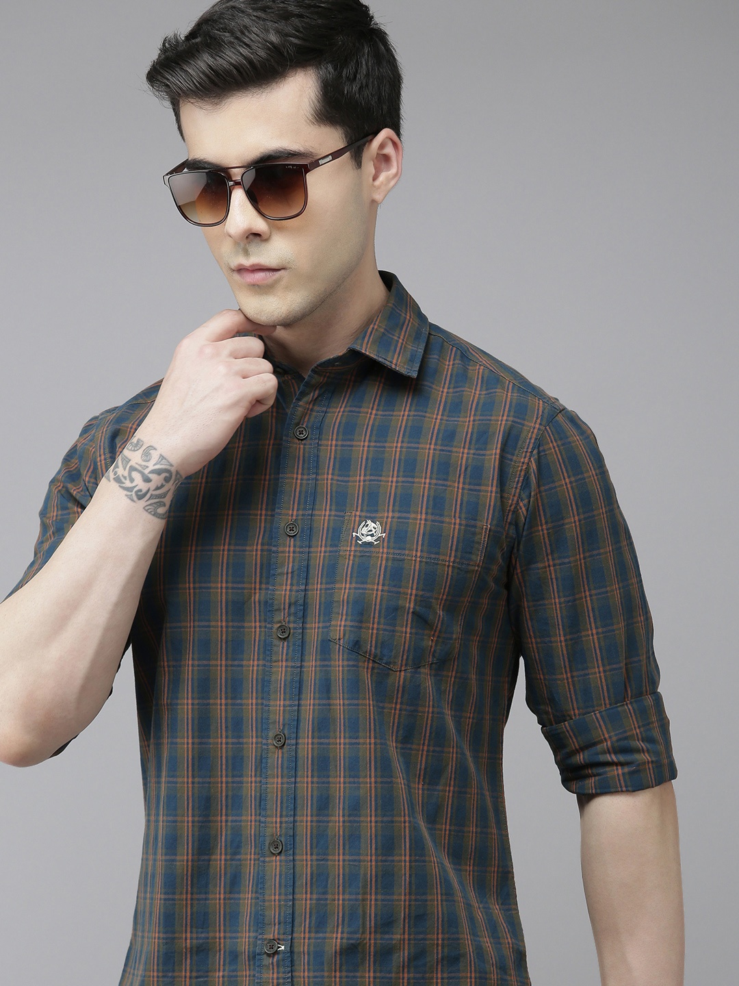 

U S Polo Assn Men Olive Green And Blue Tailored Fit Checked Pure Cotton Casual Shirt