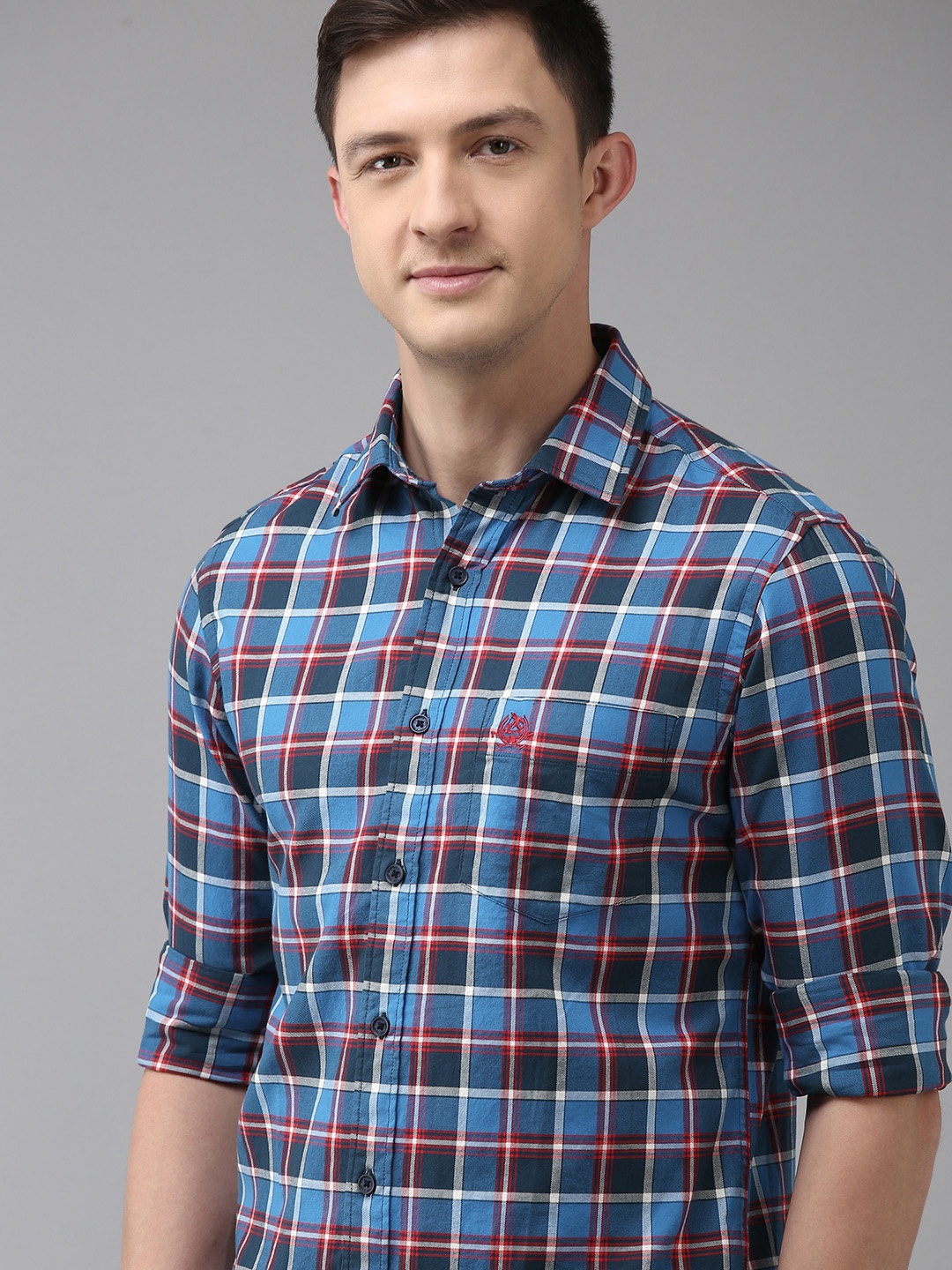 

U S Polo Assn Men Blue & Red Tailored Fit Tartan Checked Pure Cotton Casual Shirt