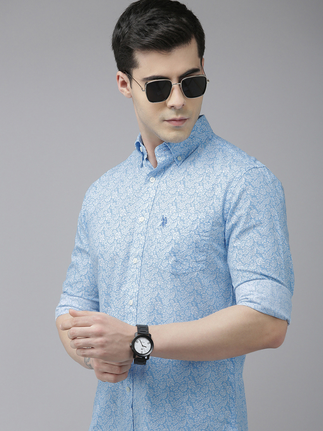 

U.S. Polo Assn. Men Blue Floral Printed Pure Cotton Casual Shirt