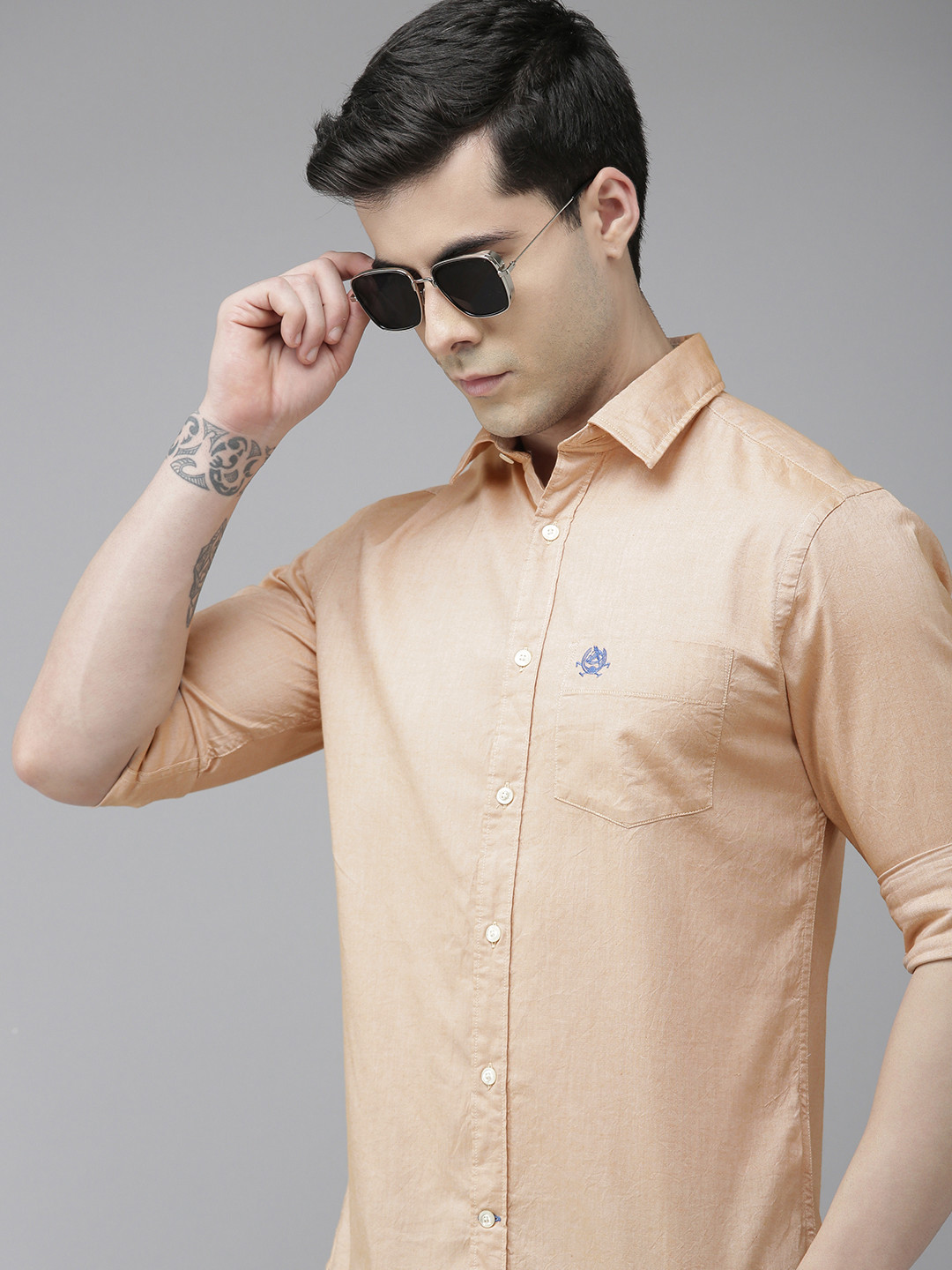 

U S Polo Assn Men Beige Solid Tailored Fit Pure Cotton Casual Shirt