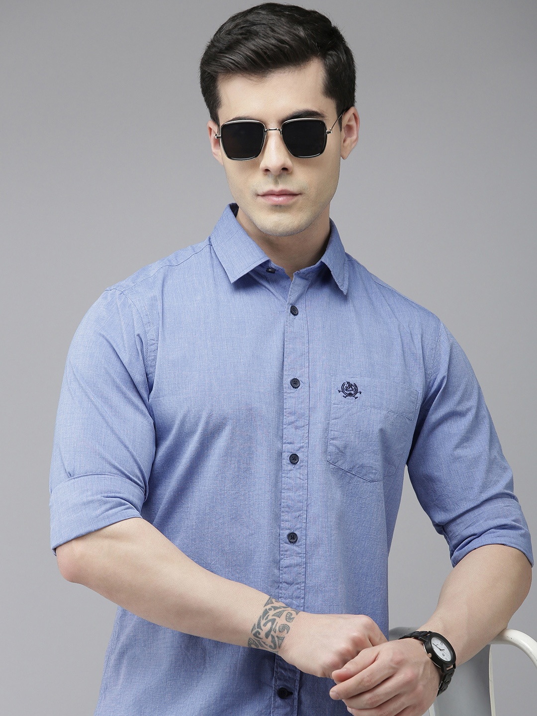 

U S Polo Assn Men Blue Solid Tailored Fit Pure Cotton Casual Shirt