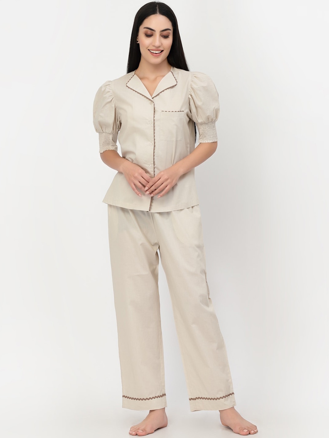 

BLANC9 Women Beige Solid Pure Cotton Night suit
