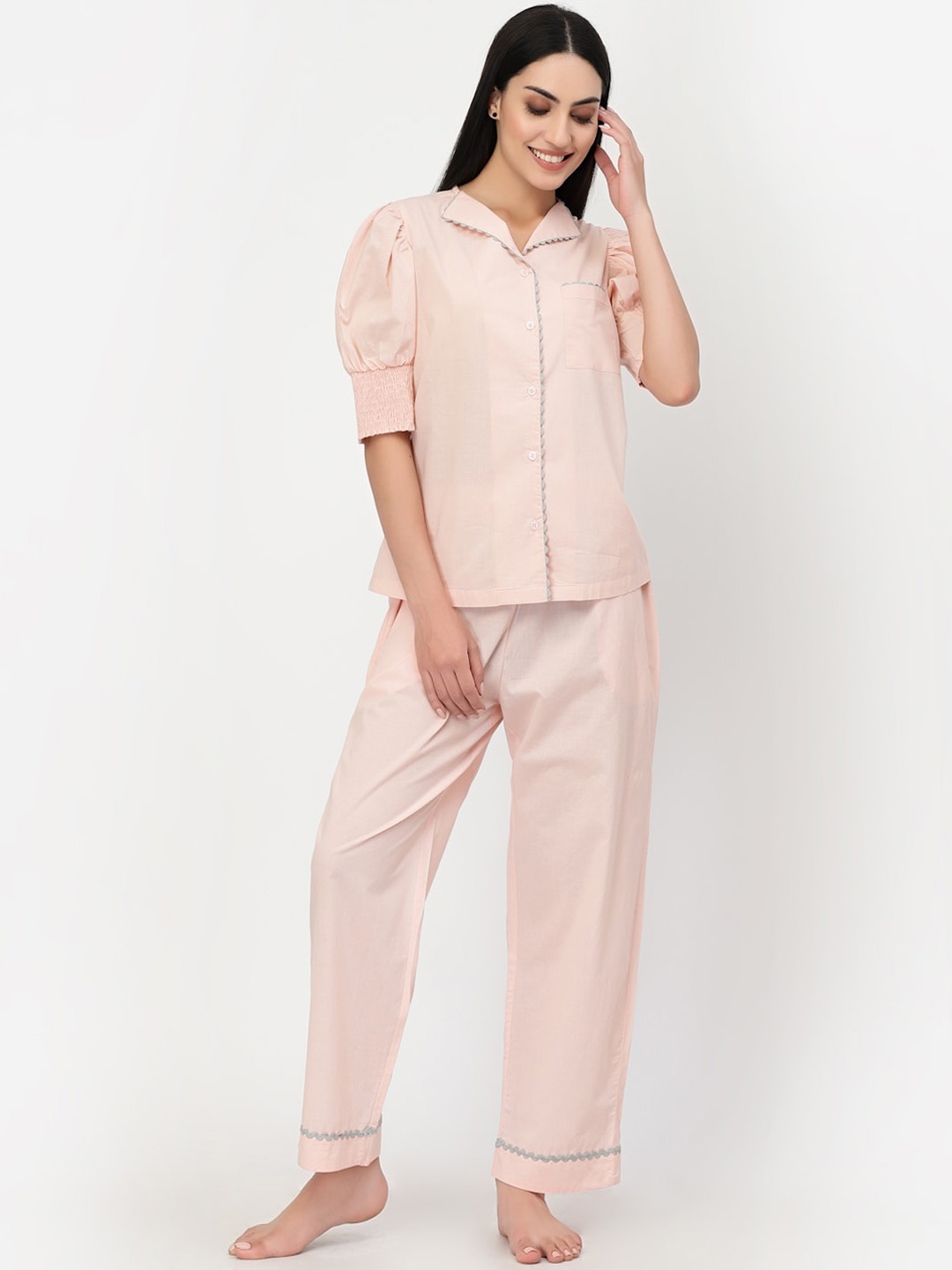 

BLANC9 Women Peach Solid Pure Cotton Night suit