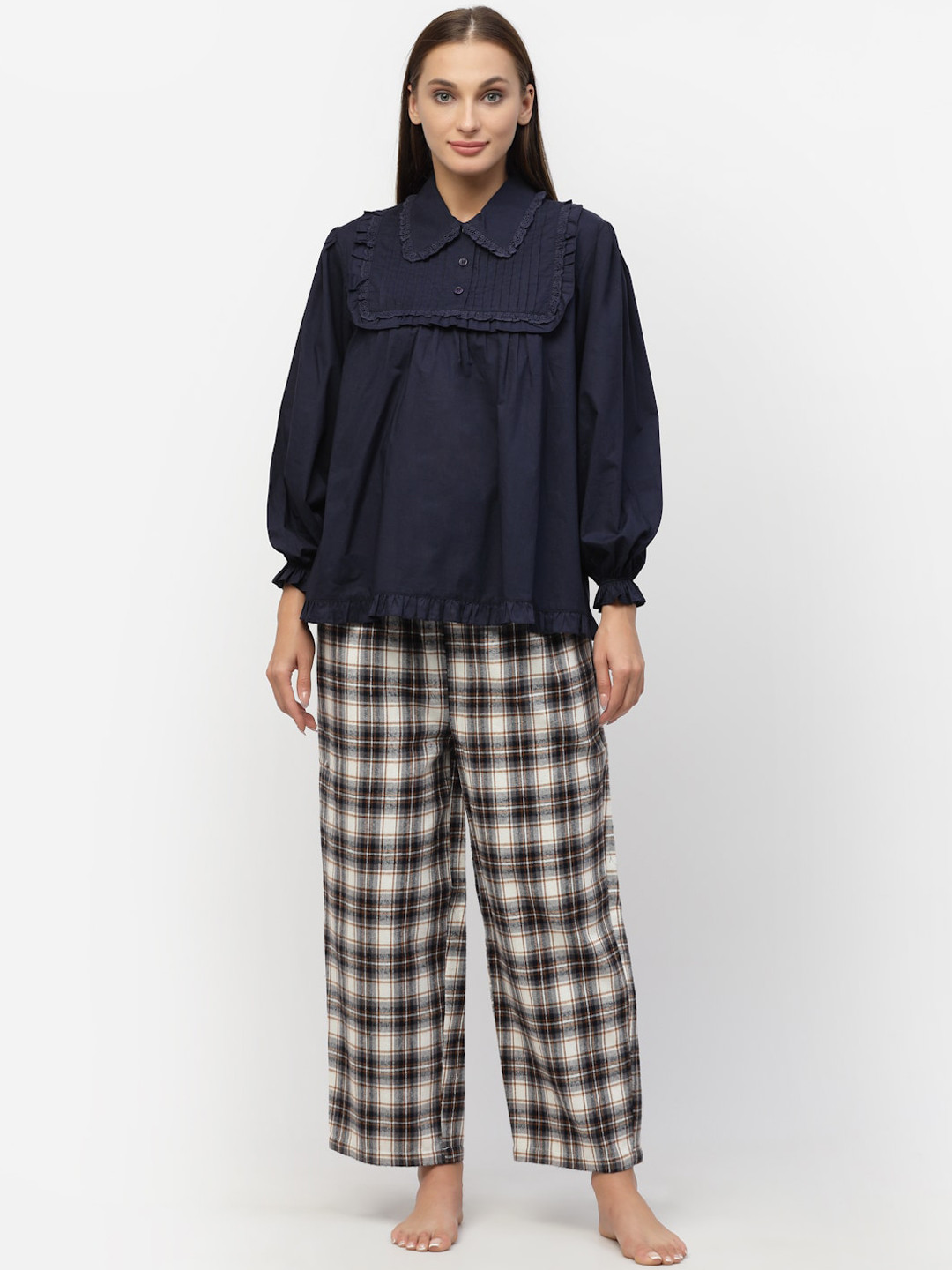 

BLANC9 Women Navy Blue & White Pure Cotton Night suit