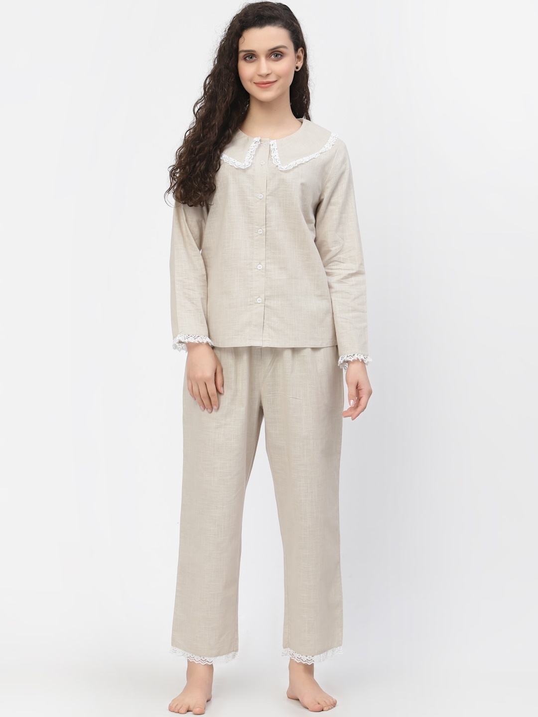 

BLANC9 Women Beige & White Solid Pure Cotton Night suit