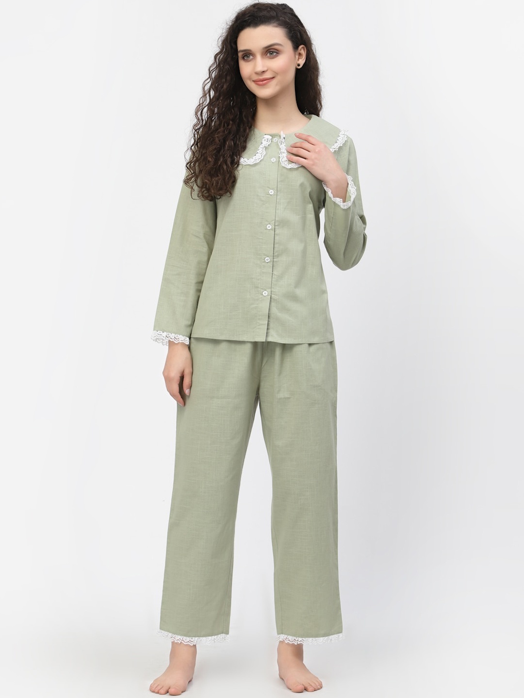 

BLANC9 Women Olive Green & White Solid Pure Cotton Night suit