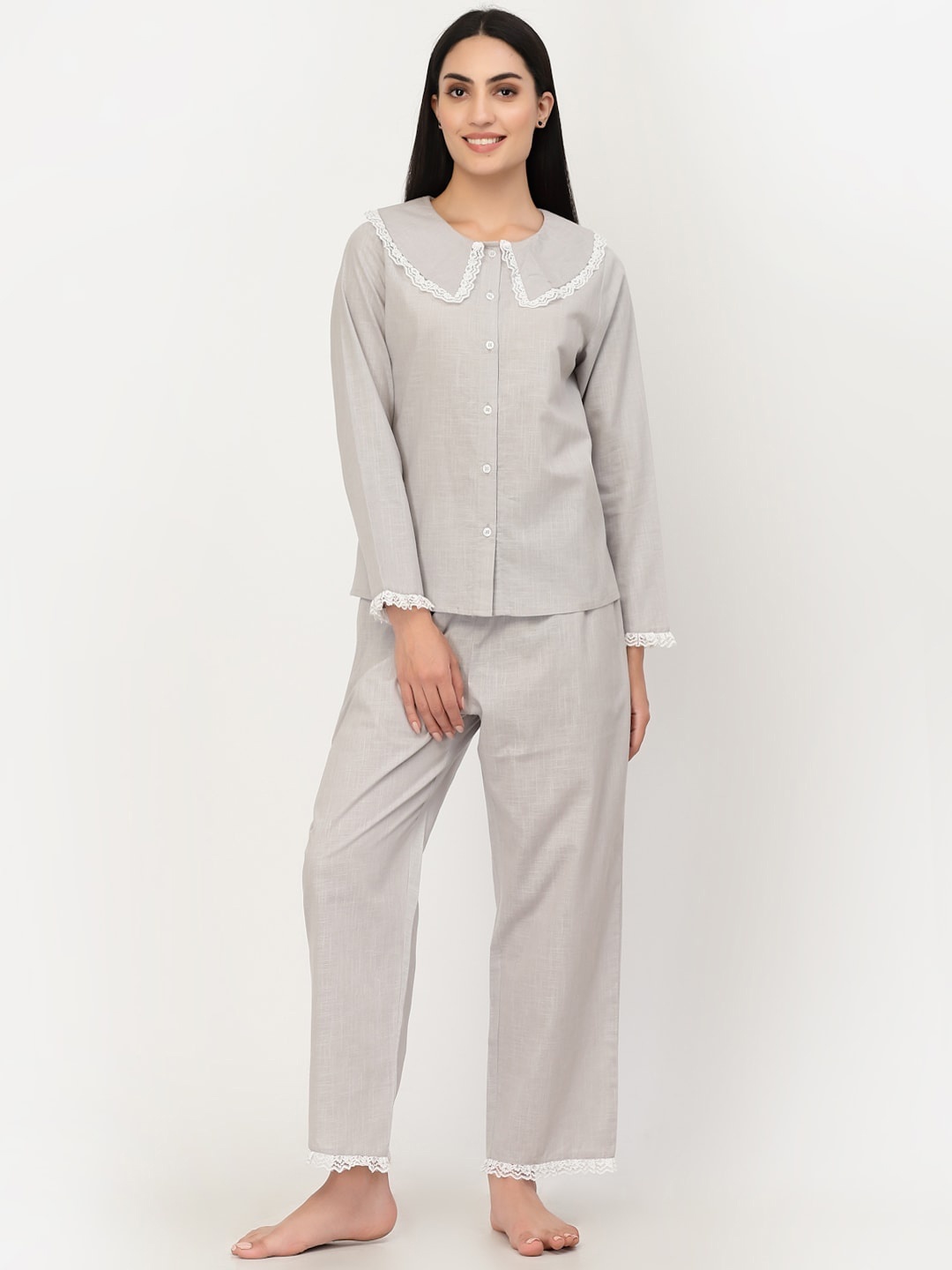 

BLANC9 Women Grey & White Solid Pure Cotton Night suit