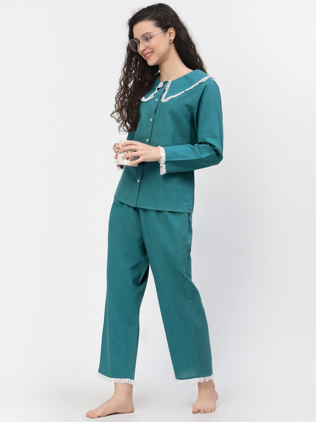 

BLANC9 Women Teal & White Solid Pure Cotton Night suit