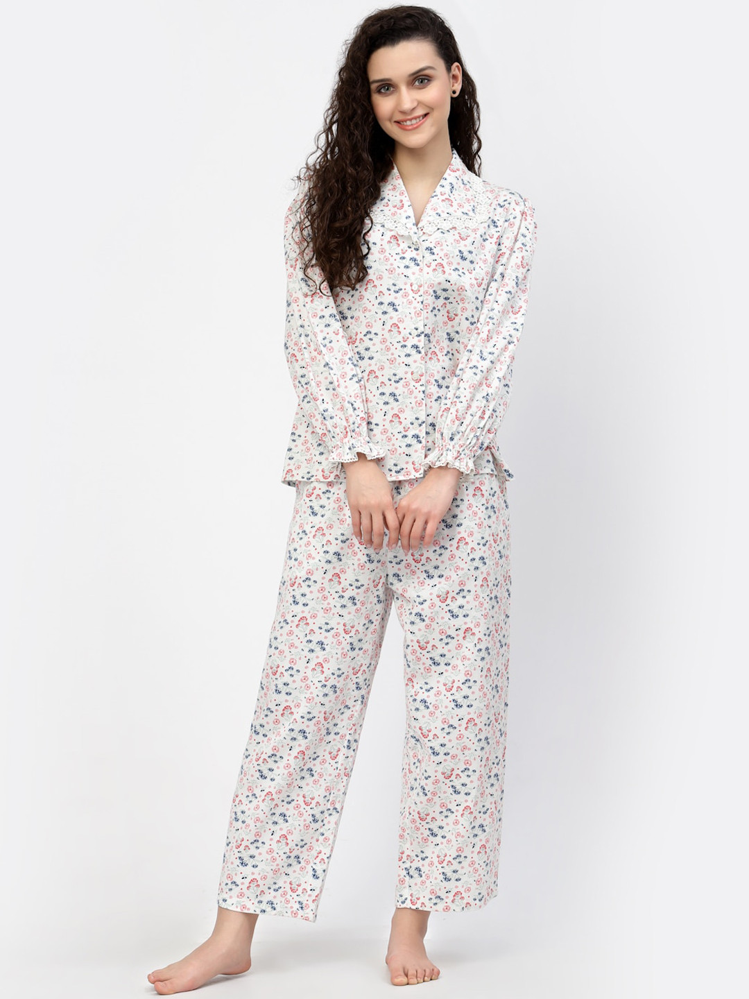 

BLANC9 Women White & Blue Printed Pure Cotton Night suit