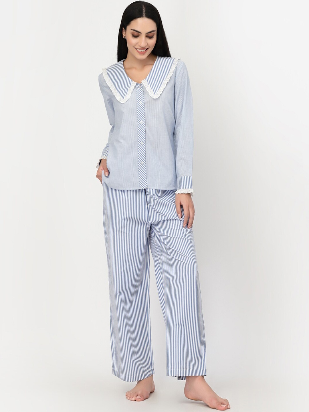 

BLANC9 Women Blue & White Striped Pure Cotton Night suit