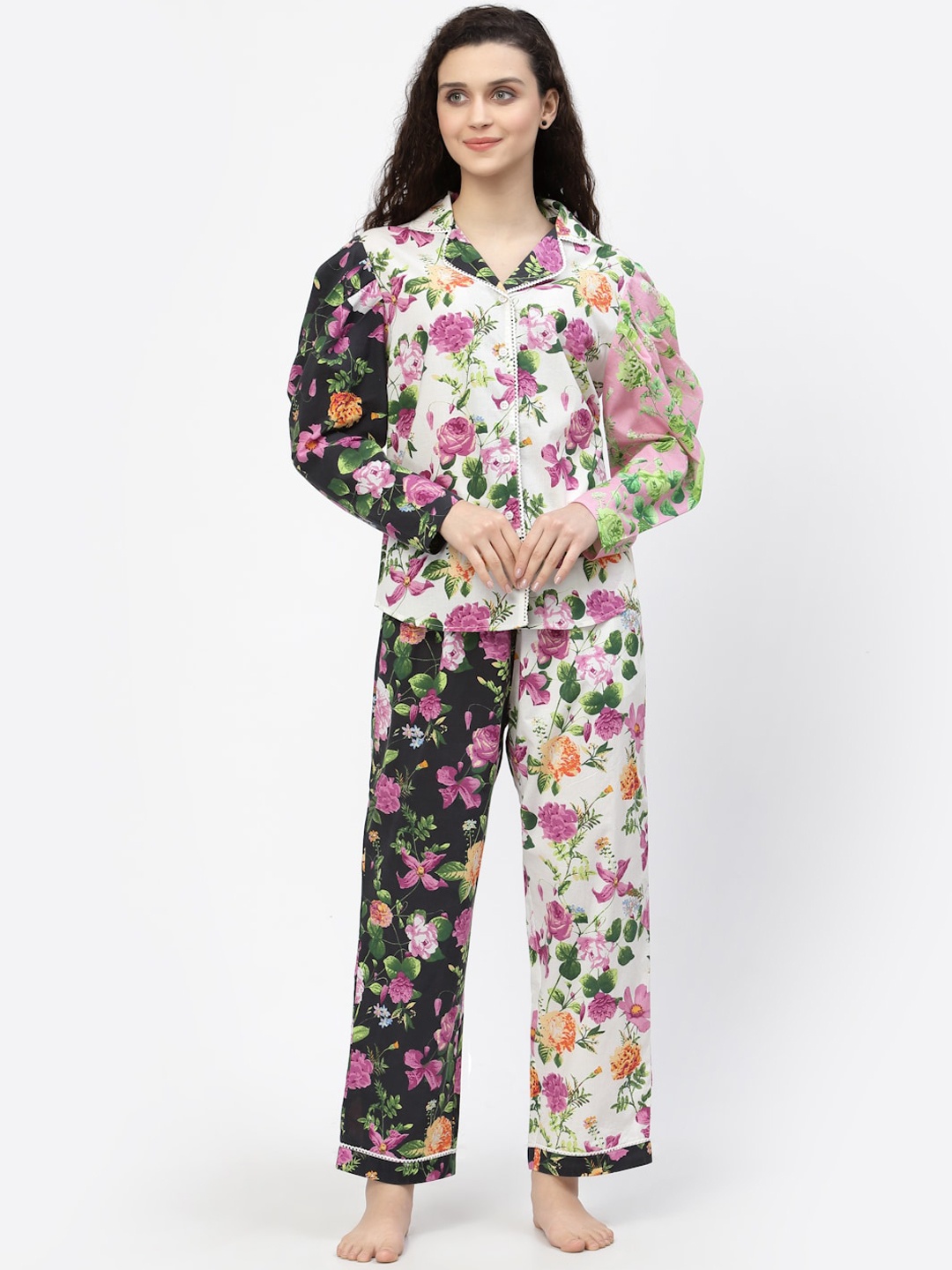 

BLANC9 Women White & Pink Printed Pure Cotton Night suit