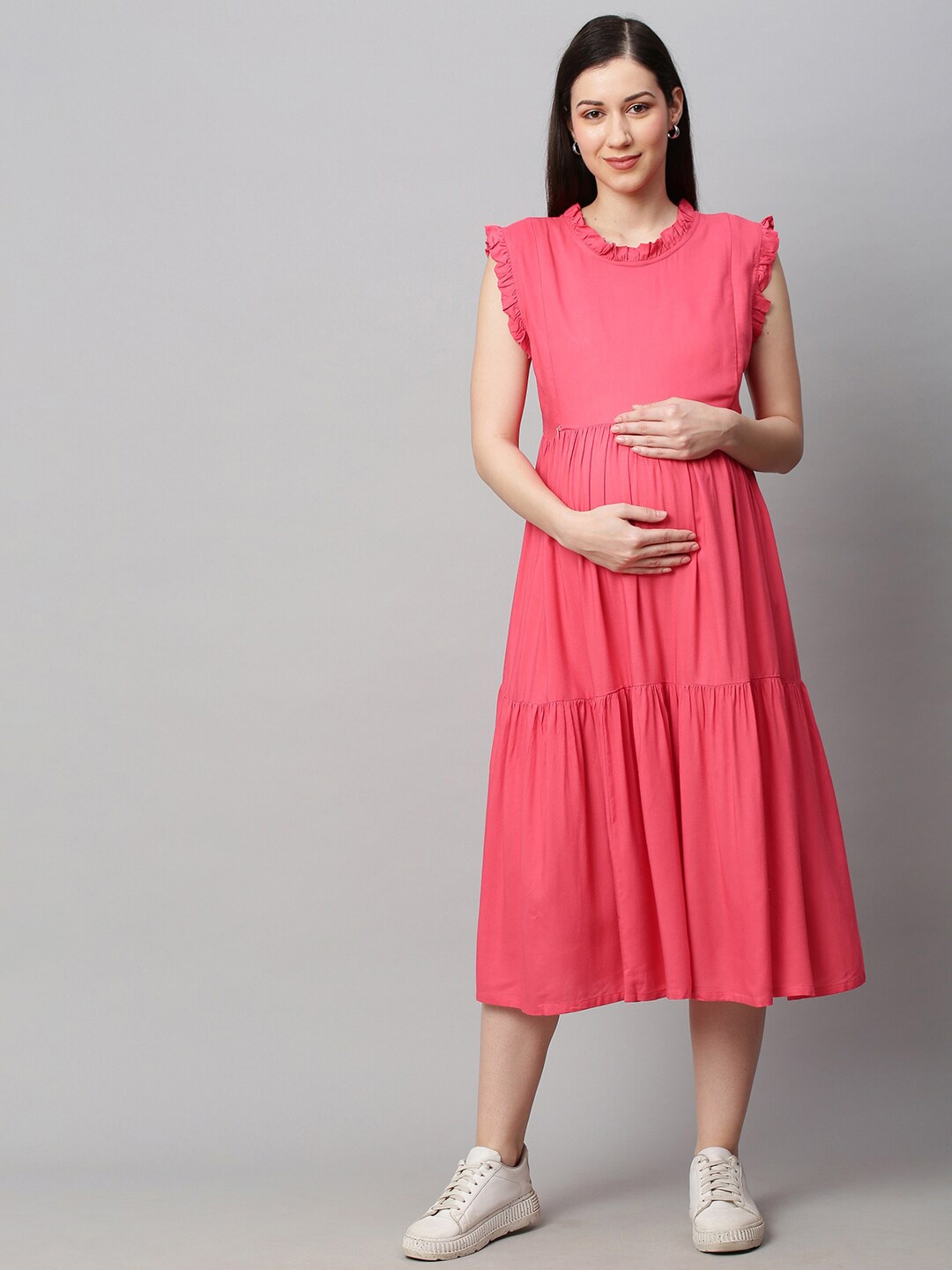 

MomToBe Peach-Coloured Maternity A-Line Midi Dress